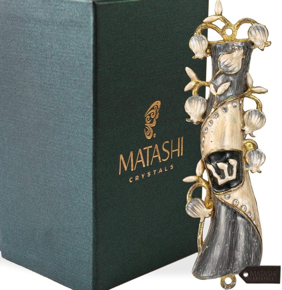 Mezuzah for Door with Scroll, Hand Painted Grey & Gold Enamel