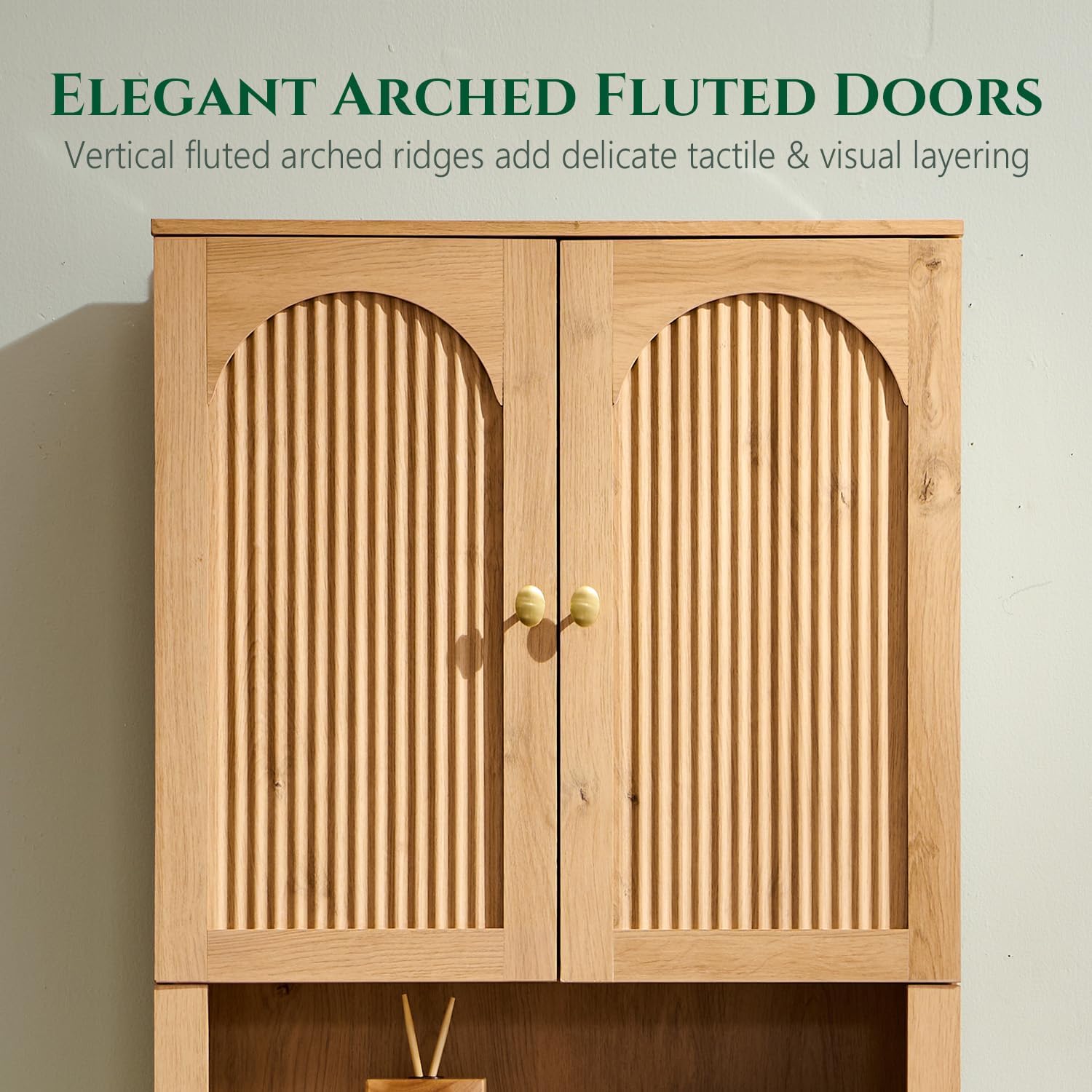 72" Over The Toilet Storage Cabinet, Modern Over Toilet Bathroom Organizer Shelf with Fluted Arched Doors, Wooden