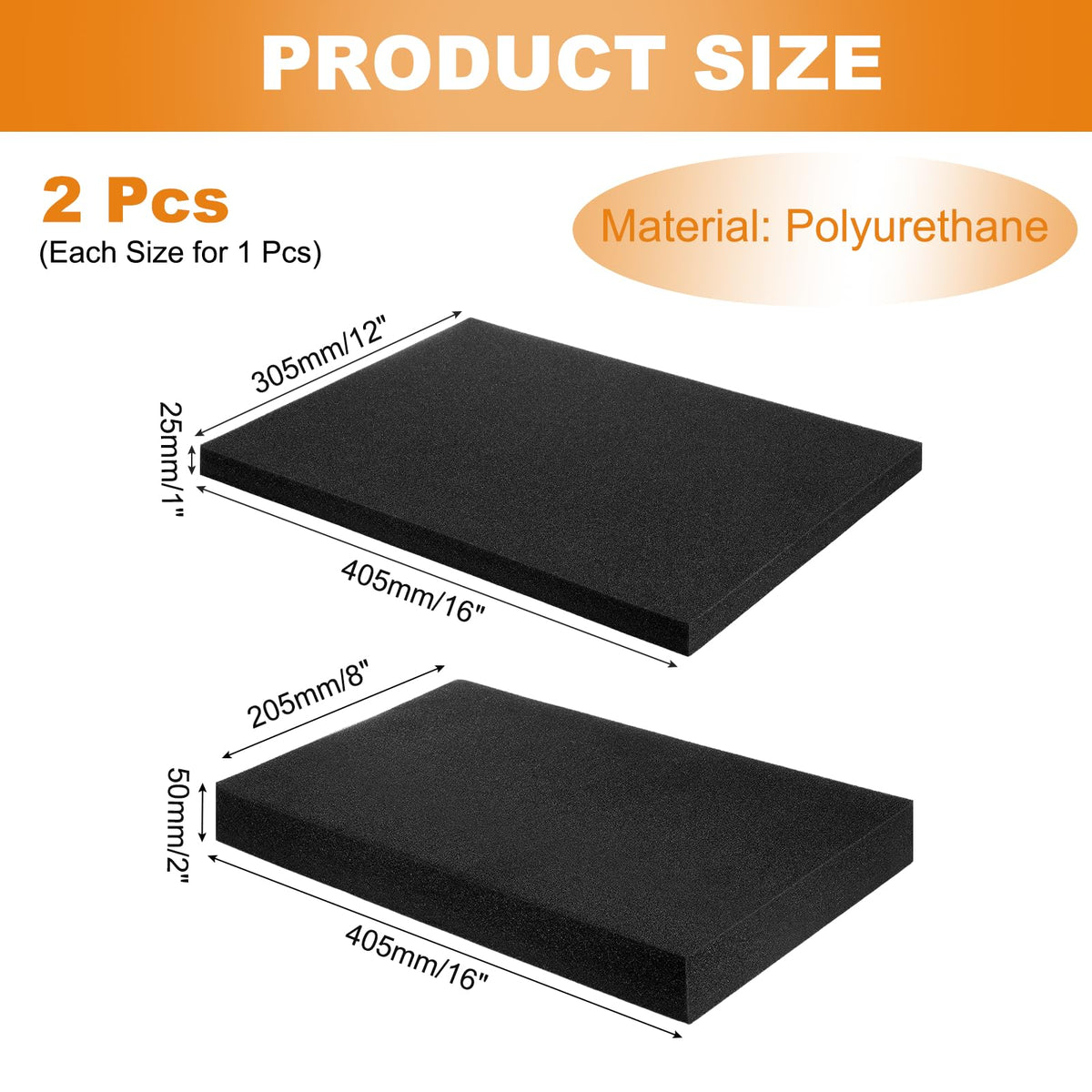 2 Pcs Black Foam Inserts 16"Lx8"Wx2"T & 16"Lx12"Wx1"T