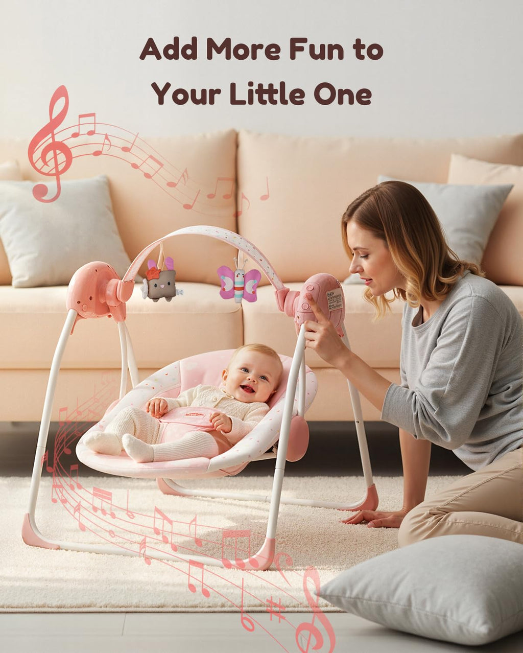 Baby Swings for Infants, Tiny Marvels Foldable Swing with Music,0-9M, 20lbs | Five swing speeds, dual power supply