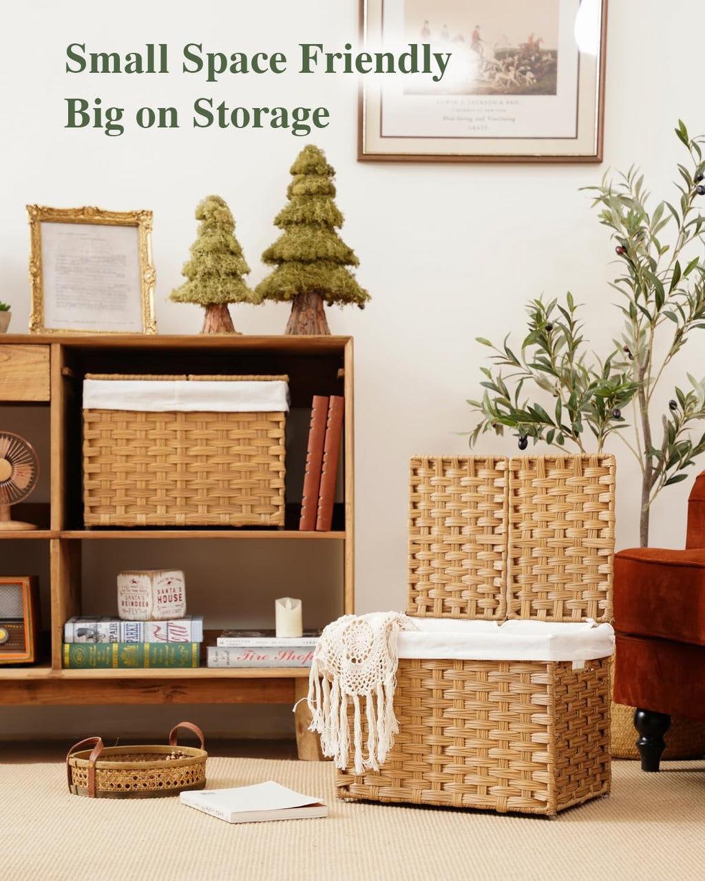 Storage Basket with Lid Woven Wicker Baskets with 2 Separate Lid, 9.2 Gallon (35 L) Wicker Storage Bins with Handles