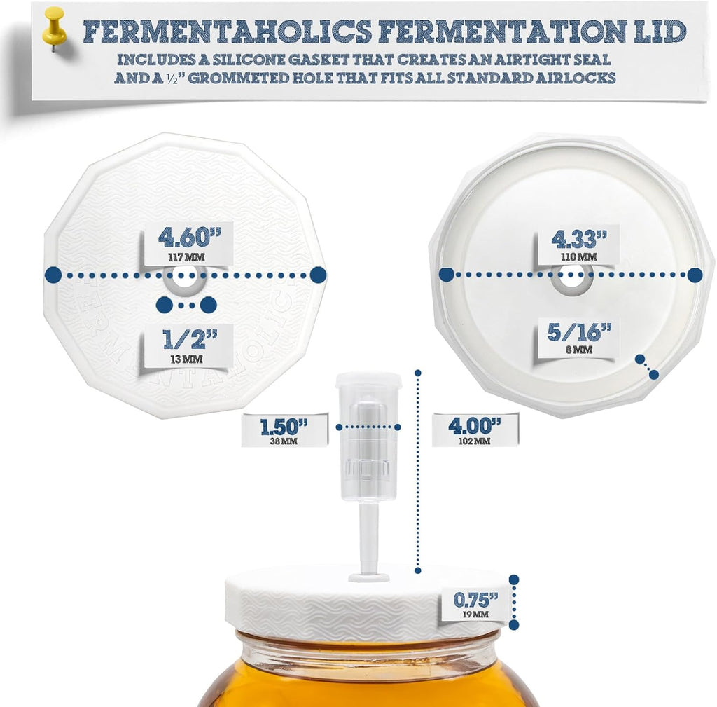 2 Pack - 110mm One Gallon Fermentation Lid, Gasket & 3-piece Airlock - Airtight Lid Turns Gallon Jar Into A Fermenter