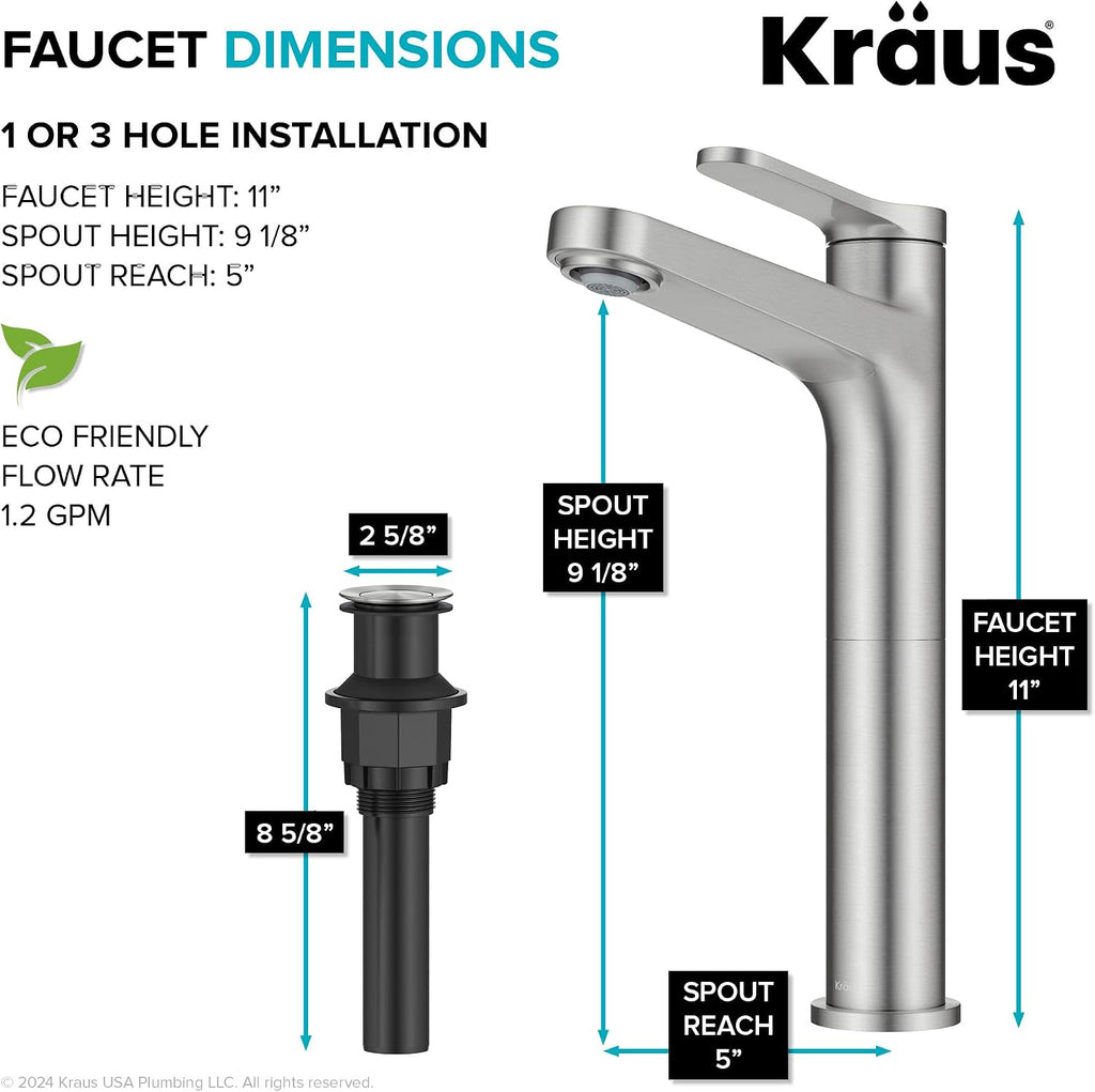 Indy Bathroom Faucet for Vessel Sink in Spot-Free Brushed Nickel with Single Handle, Pop Up Drain and Supply Lines