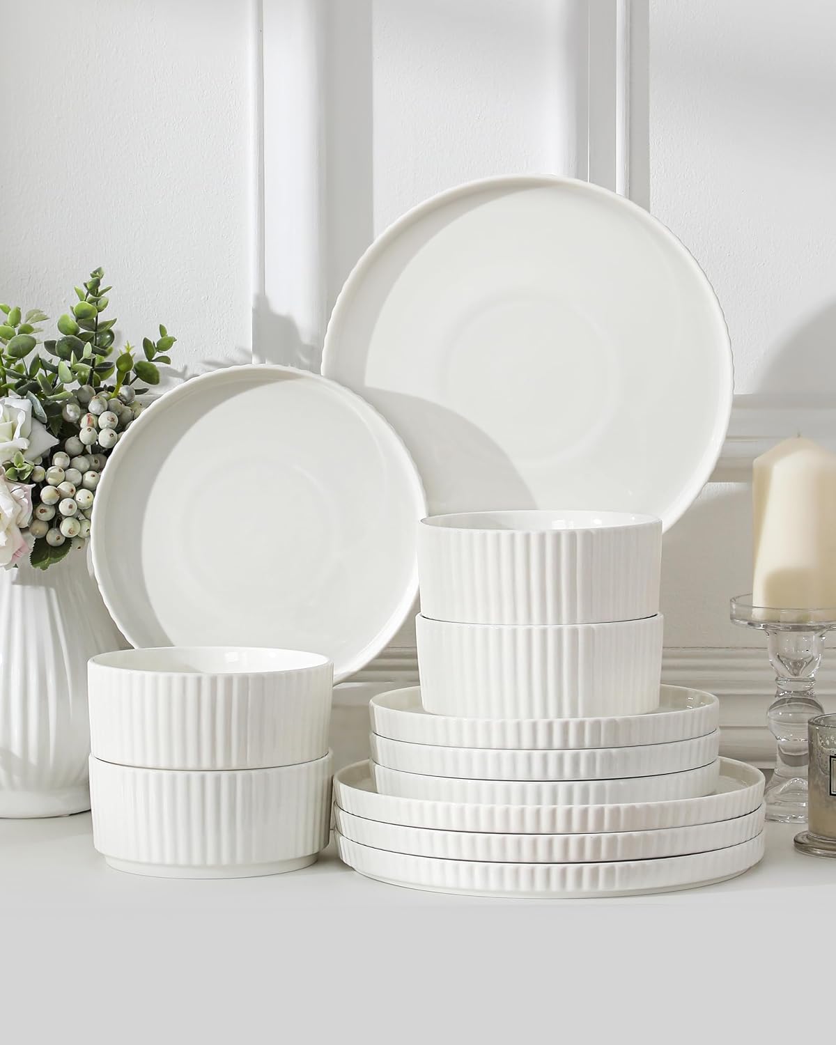 Porcelain 12 Pieces Plates and Bowls Set, Dinnerware Set for 4