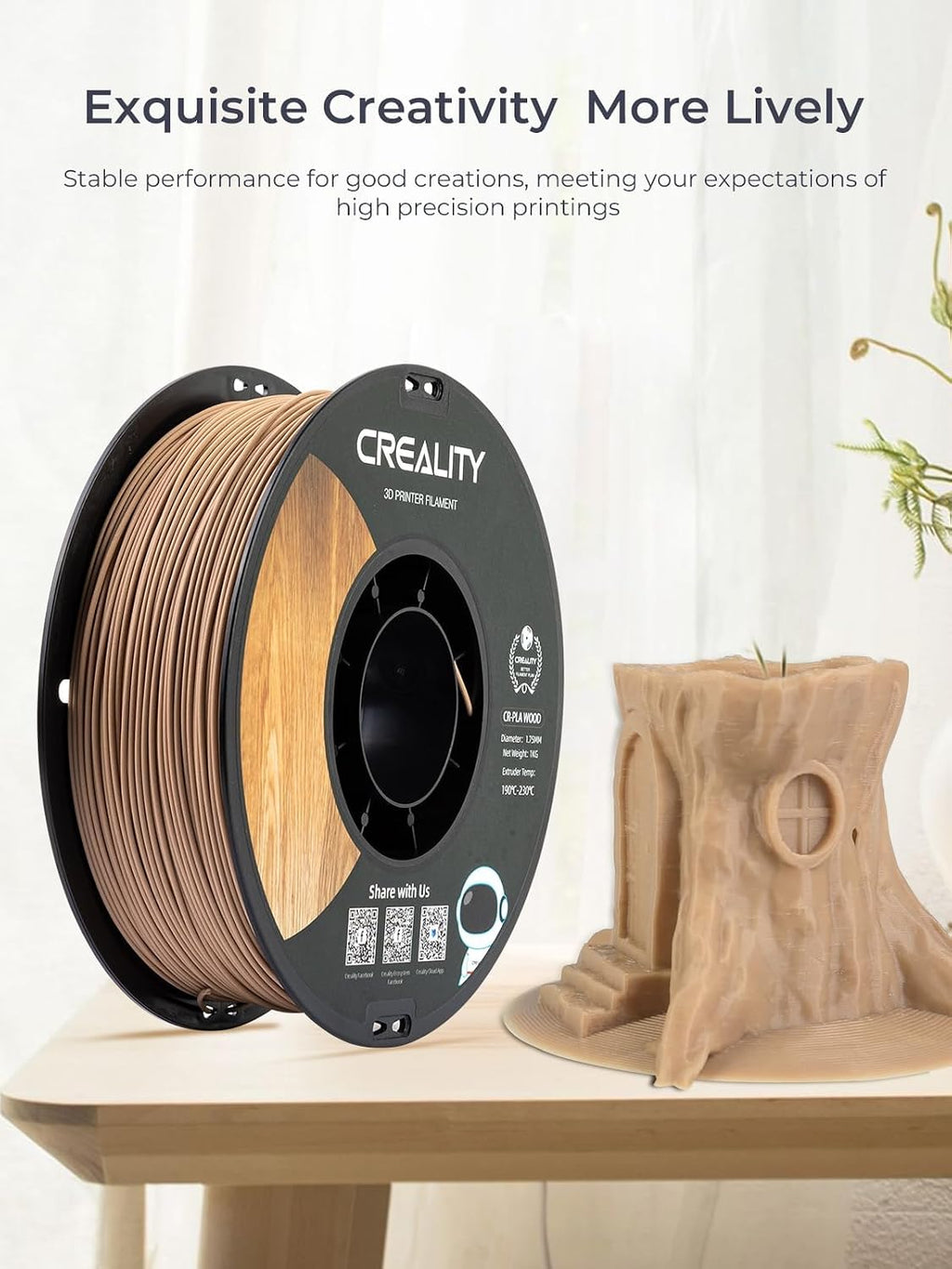 Wood Filament PLA 1.75 mm, Smooth Silk Texture, 1kg(2.2lbs)/Spool for 3D Printer