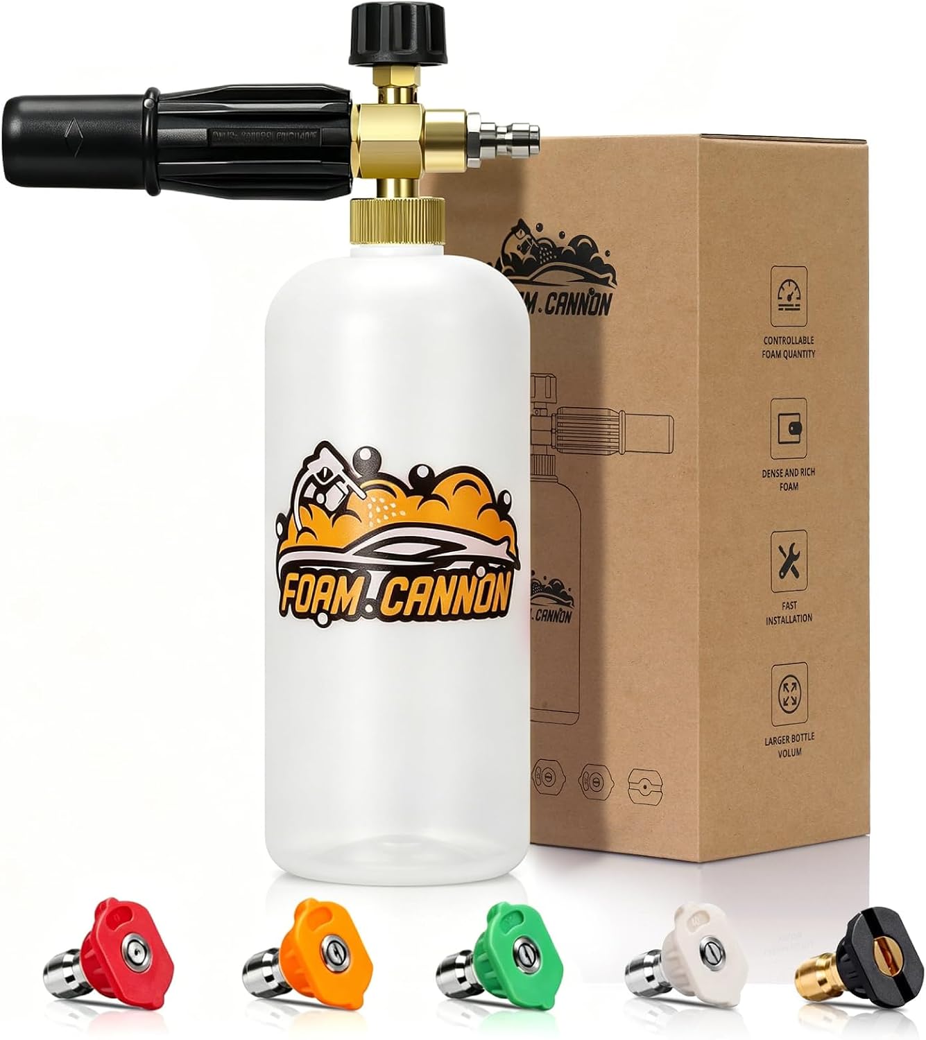 Foam Cannon for Pressure Washer, 1L Bottle Snow Foam Cannon with 5 Pressure Washer Nozzle Tips, 1/4 Inch Quick