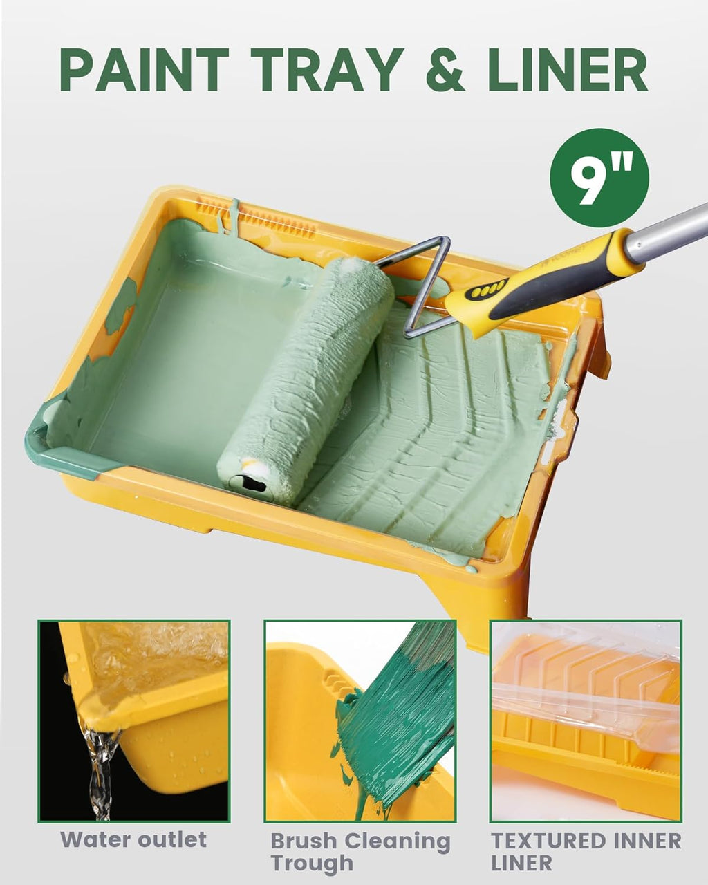 Paint Roller Kit with Extension Pole - 9 Inch Paint Roller with Tray, Mini Paint Roller 4 inch, Small Paint Brush, 16