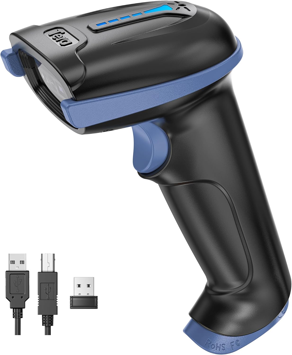 Barcode Scanner with Battery Indicator: 2D Wireless, D5100, Blue | USB Wired, 2.4G Wireless, 2200mAh Battery, 1D 2D