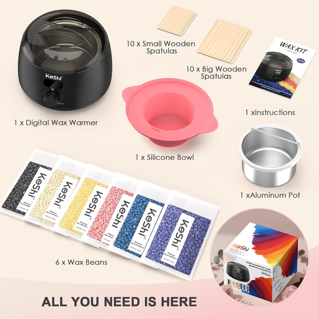 Waxing Kit for Women and Men, Digital Wax Warmer with 6 Bags Hard Wax Beads, at-Home Hair Removal Wax Kit for Full