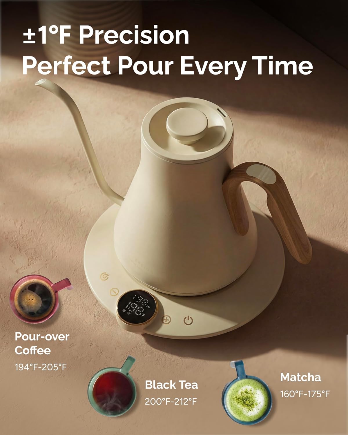 Gooseneck Electric Kettle, ±1℉ Temperature Control, Stainless Steel Inner, Quick Heating, for Pour Over Coffee, Brew