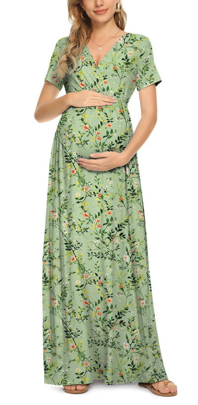 Maternity Dresses Women's Summer Casual Short Sleeve V Neck Wrap Long Maxi Dress,Green White Floral,2XL
