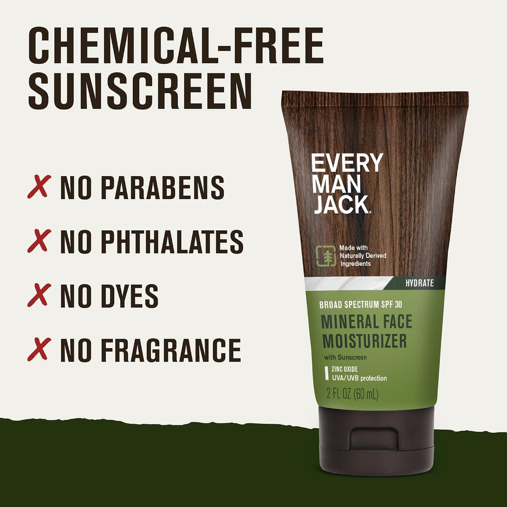 Men's Face Lotion SPF 30 Mineral Sunscreen, Unscented, (2pk) | UVA/UVB Protection, Naturally Derived Zinc Oxide