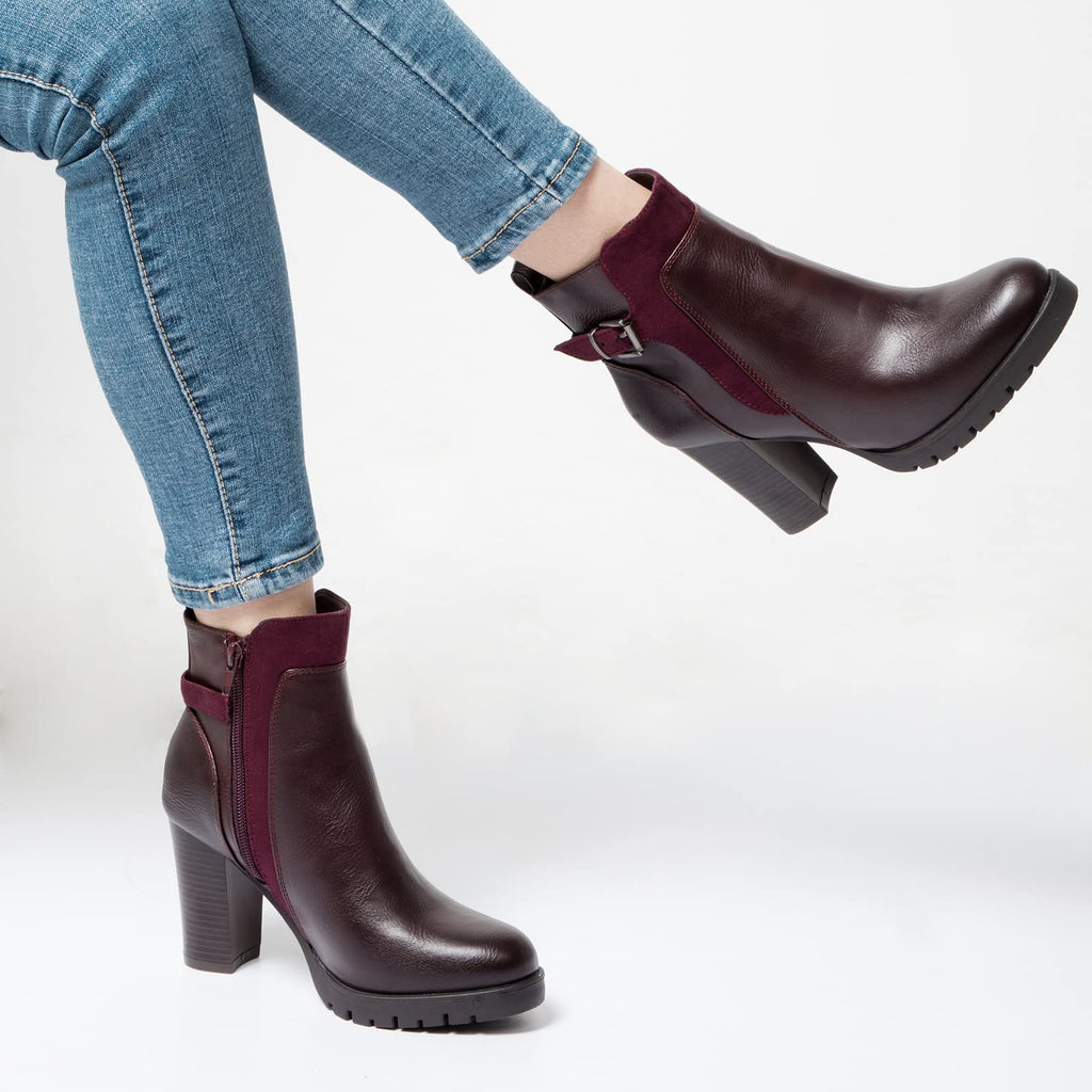 Women's Ankle Boots Side Zip Chunky Stacked Heel Booties with Wide