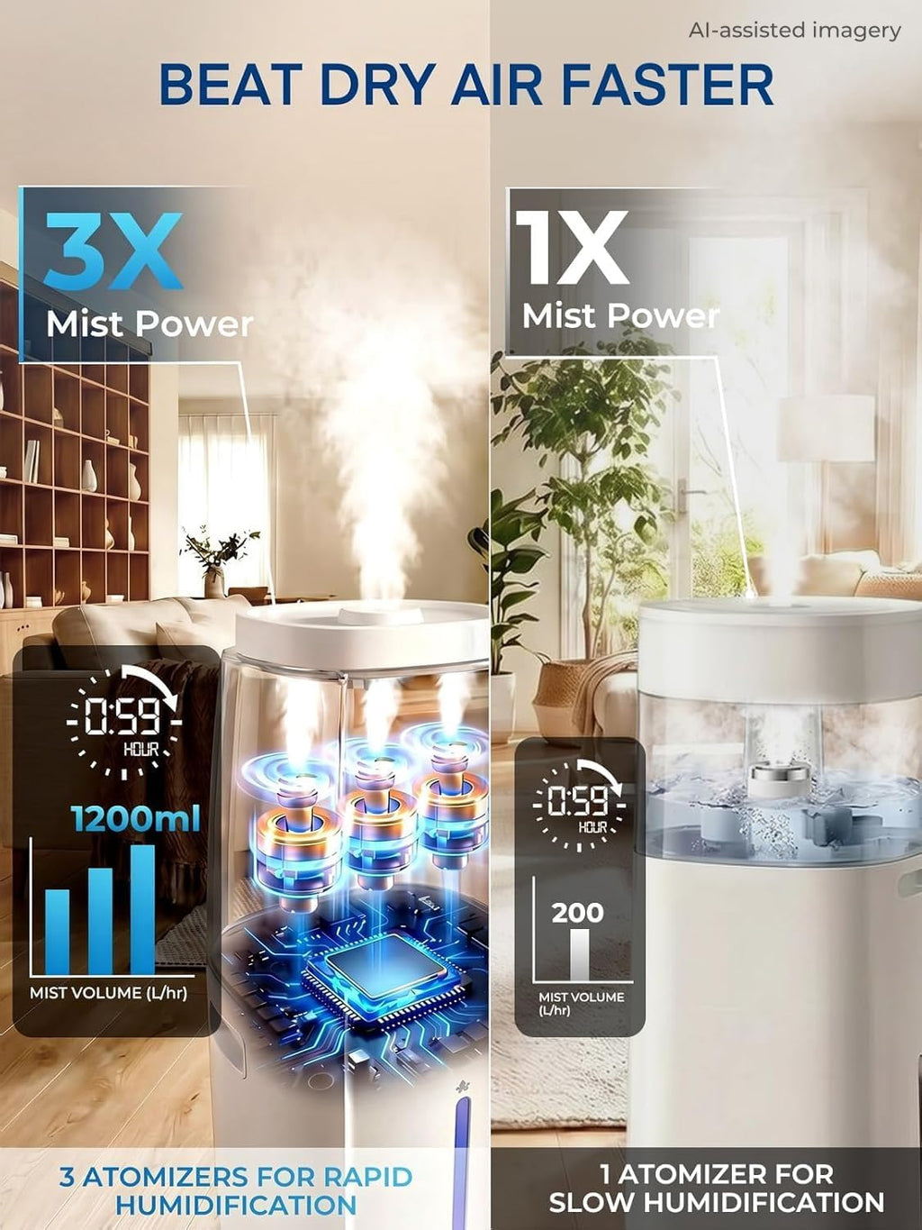 18L Humidifier Large Room, 1300mL/H Triple Mist, Up to 1500 Sq.Ft | Whole House Humidifier with Top-Fill, Smart