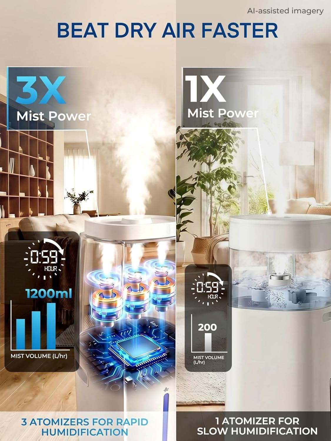 18L Humidifier Large Room, 1300mL/H Triple Mist, Up to 1500 Sq.Ft | Whole House Humidifier with Top-Fill, Smart