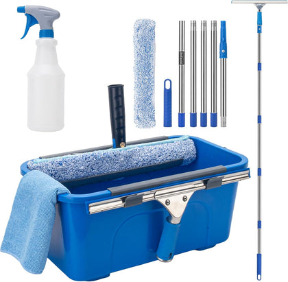 Window Cleaning Kit with 6ft Long Handle, 3 Gallon Bucket,14" Squeegee,15" Microfiber Scrubber,Spray Bottle