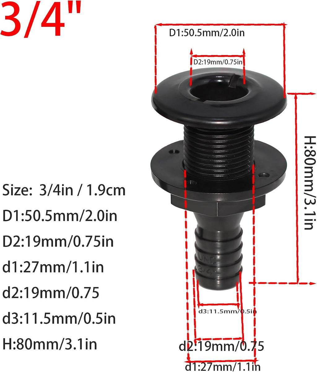 2Pcs Thru Hull Fitting(3/4"), Marine Through Hull Connector Fitting for Boats, Black