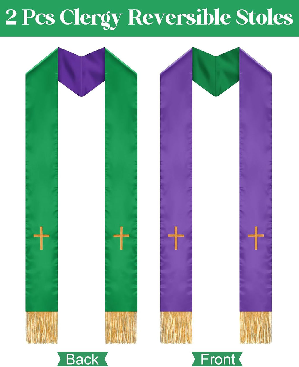 2 Pcs Reversible Clergy Stole with Cross Tassels