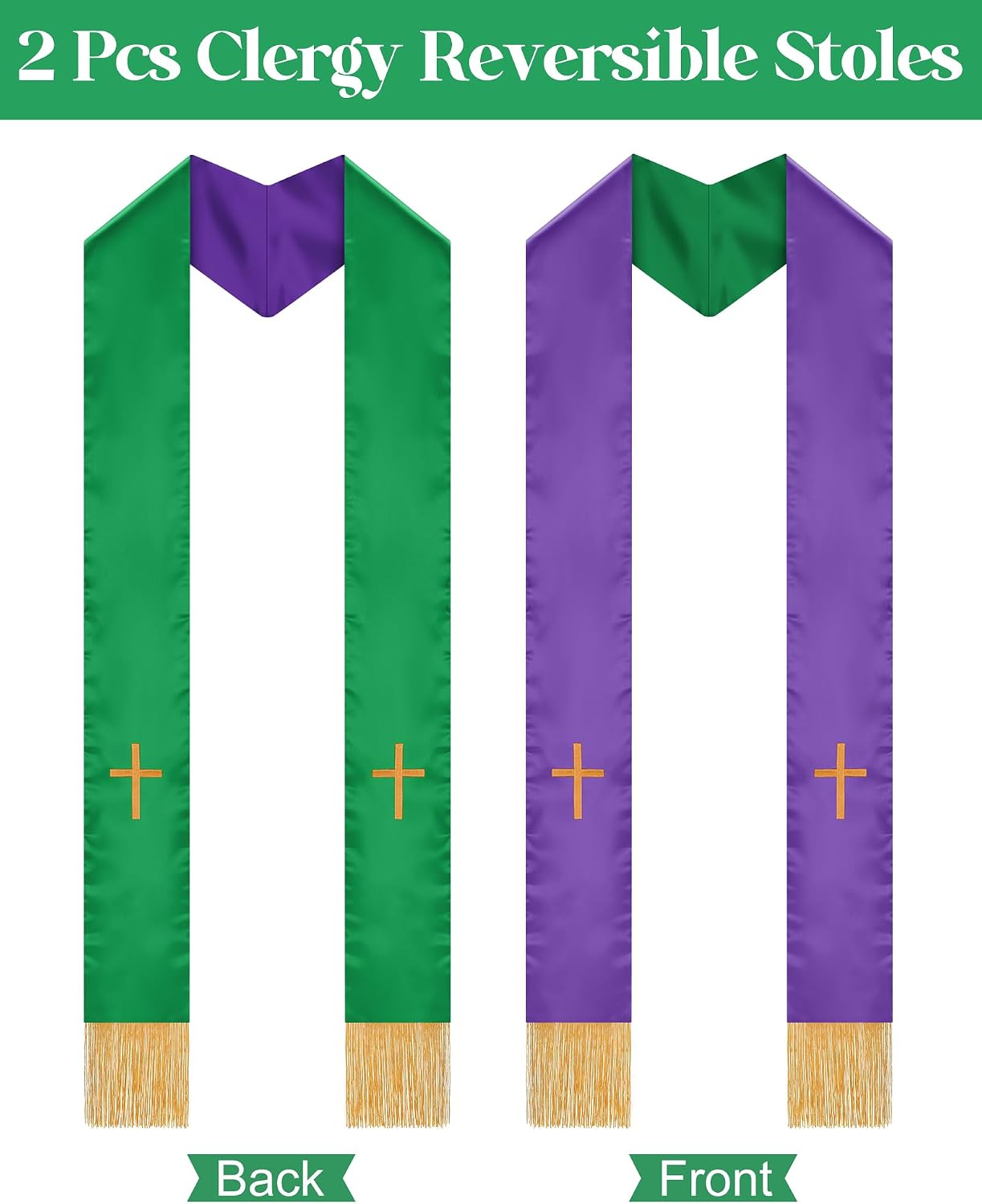 2 Pcs Reversible Clergy Stole with Cross Tassels
