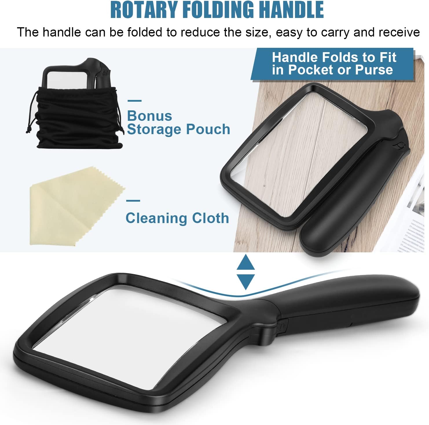 Folding Handheld Magnifying Glass with Light, 5X Large Rectangle Reading Magnifier with Dimmable LED for Seniors with