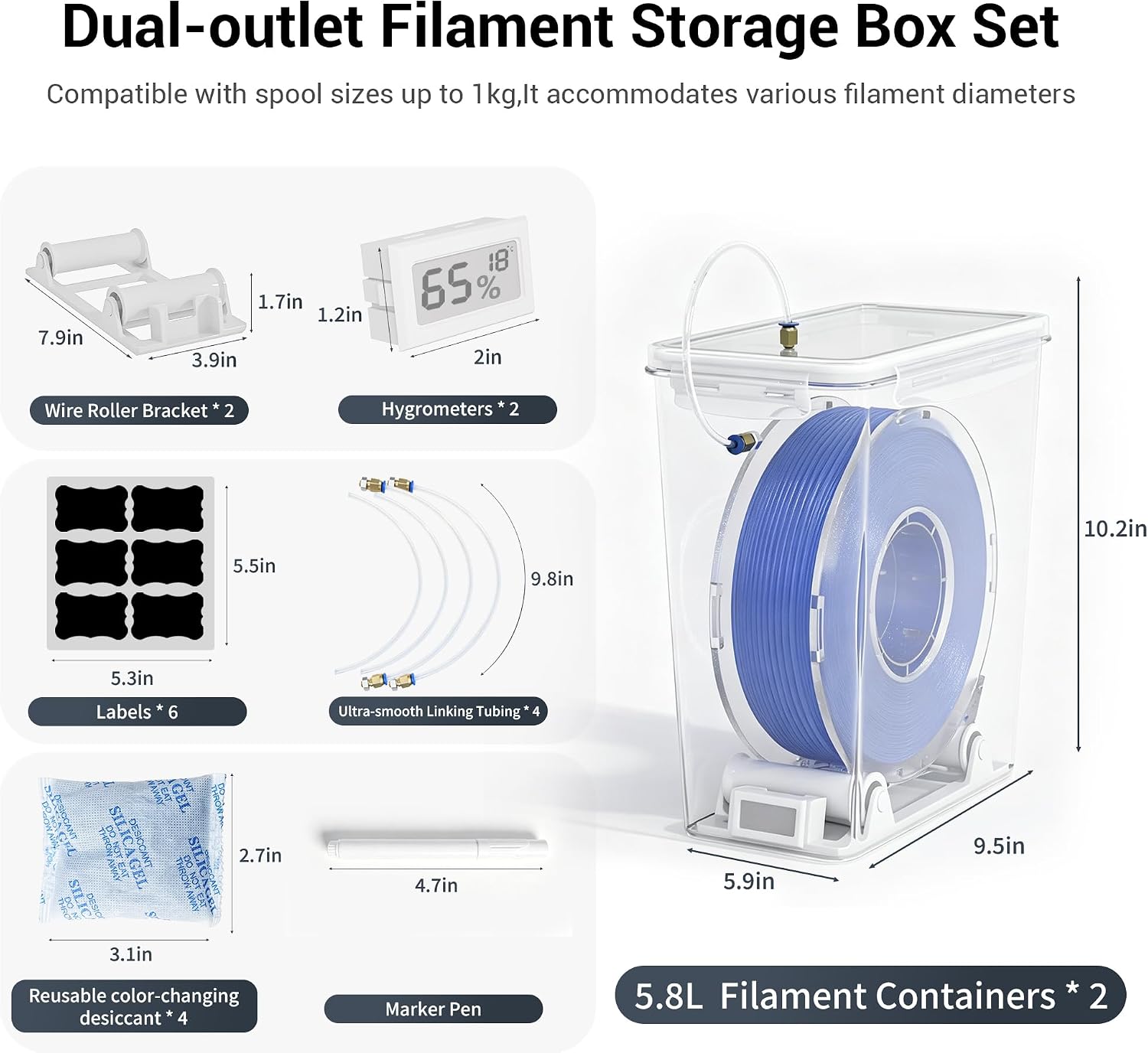 3D Printer Filament Dry Box, Airtight Filament Storage Box with Dual Outlets, Hygrometer, Reusable Desiccant & Spool