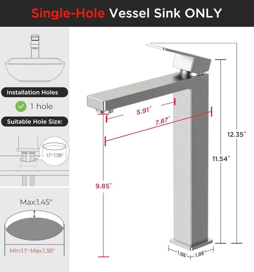 Vessel Sink Faucet Single Hole, Brushed Nickel Tall Bathroom Faucet