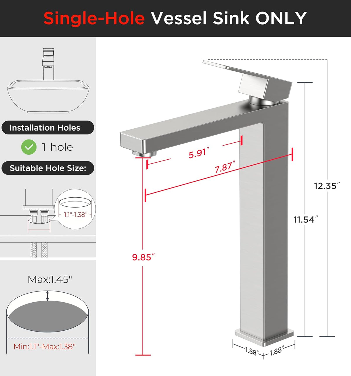 Vessel Sink Faucet Single Hole, Brushed Nickel Tall Bathroom Faucet