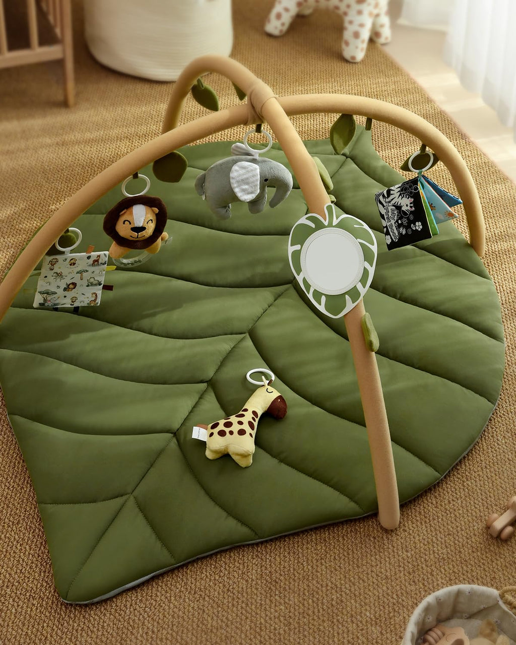 Baby Play Gym & Activity Mat, Oversize Leaf Shaped Baby Play Mat w 6 Detachable Toys, Tummy Time Mat Promote Motor