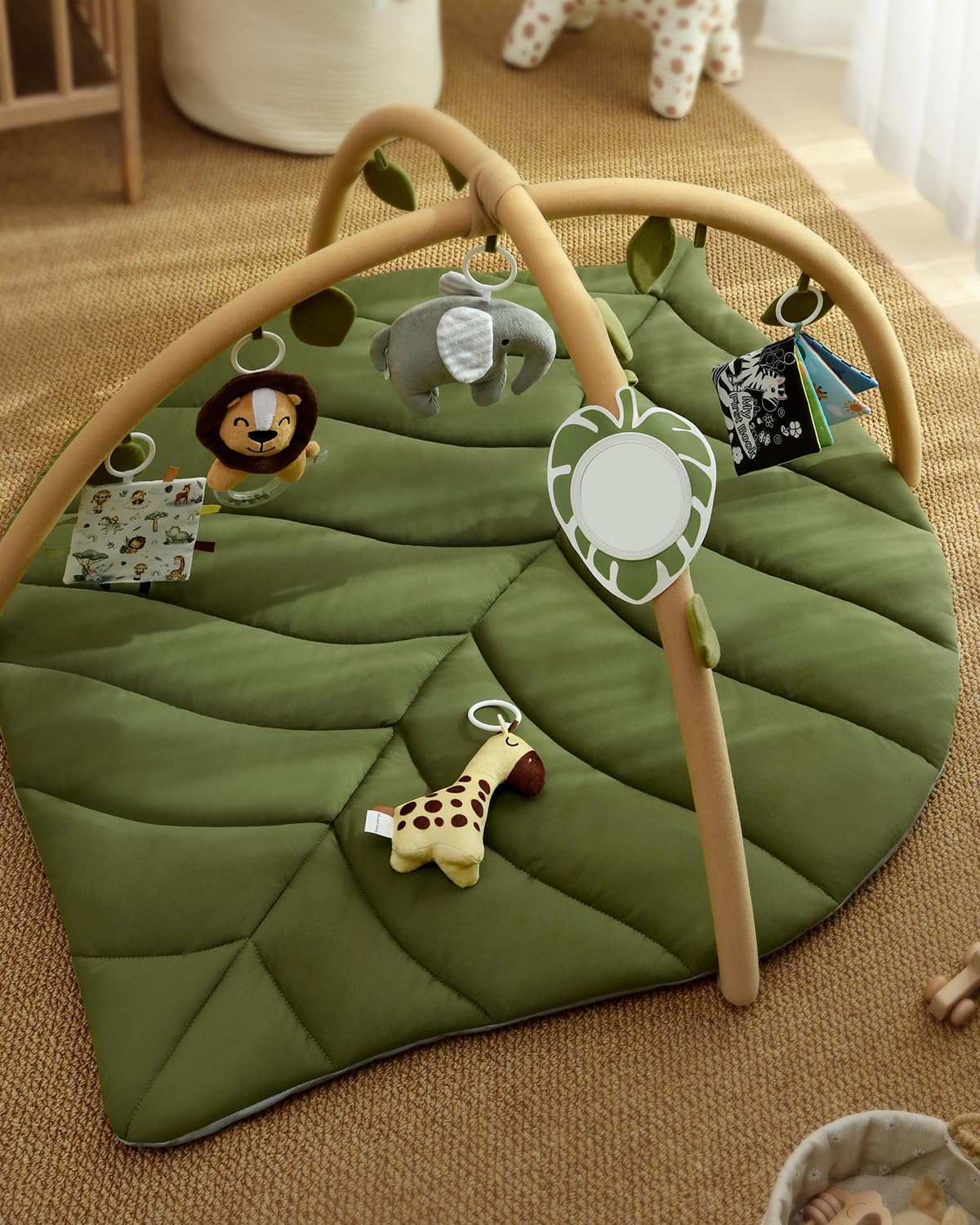 Baby Play Gym & Activity Mat, Oversize Leaf Shaped Baby Play Mat w 6 Detachable Toys, Tummy Time Mat Promote Motor