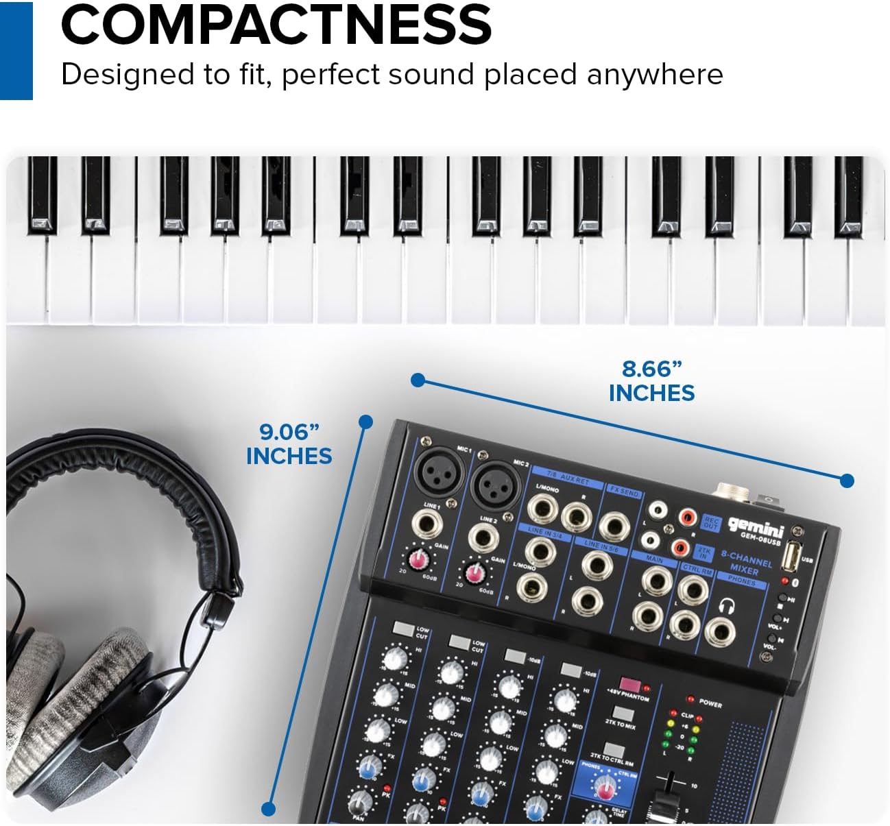 8-Channel Bluetooth Audio Mixer with USB & FX (GEM-08USB) | 8-channel Bluetooth mixer with USB & FX - dual XLR