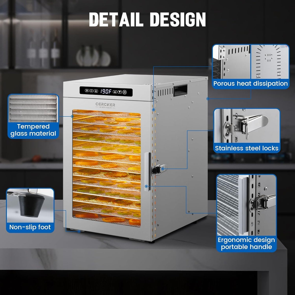 Food-Dehydrator for Fruit 14 Trays Large Food Dryer for Beef Jerky 190ºF