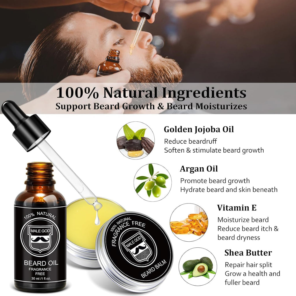 Beard Kit for Men's Grooming & Care, Natural Ingredients Beard Oil, Balm, Brush, Comb, Stocking Stuffers for Adult