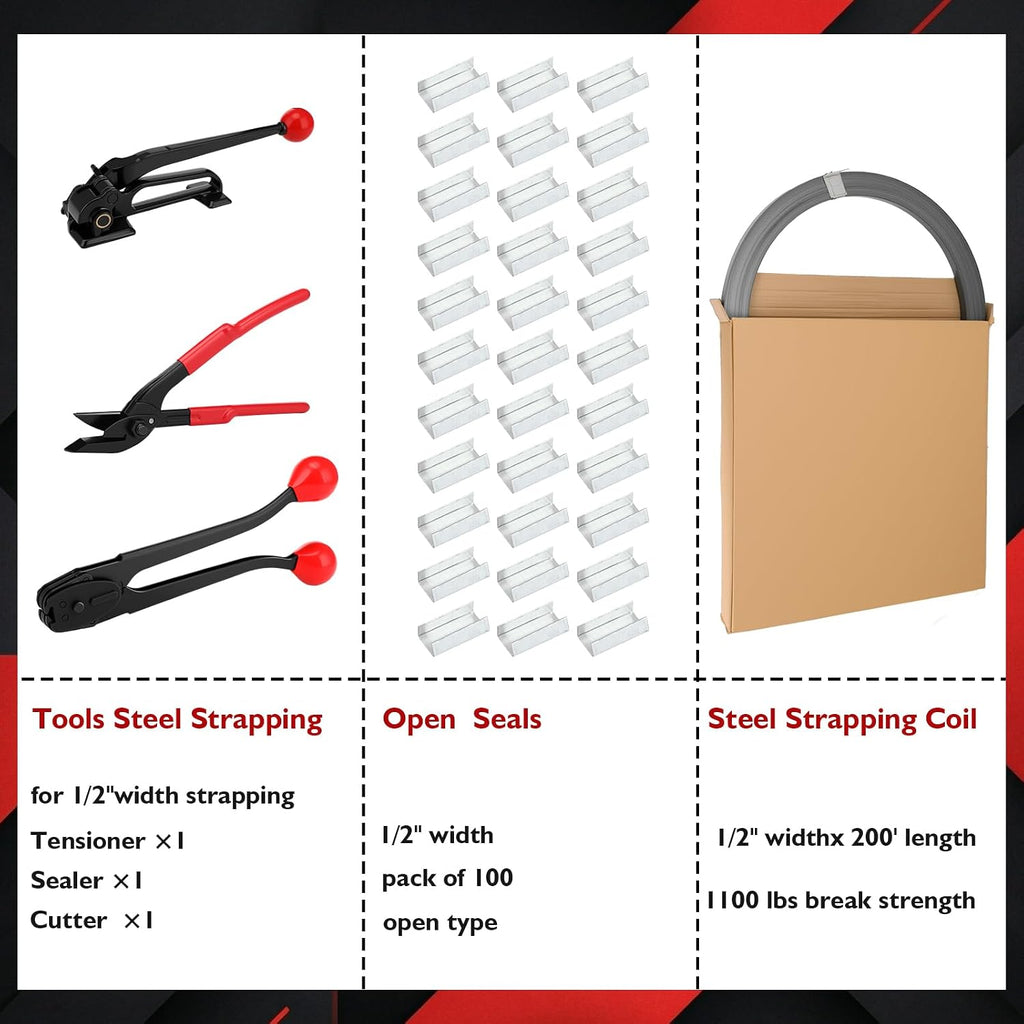 Steel Pallet Strapping Kit 1/2" X 200', 1100 lbs with Tool Set