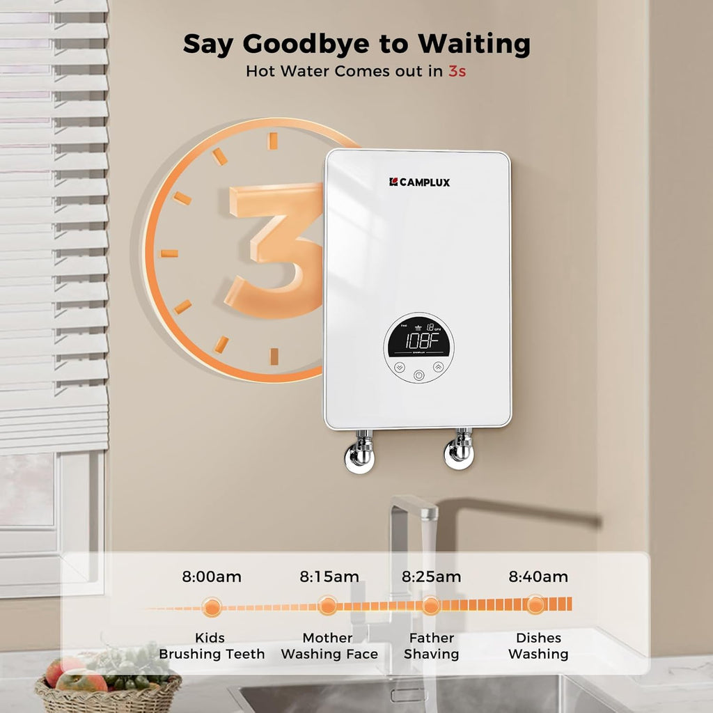 CAMPLUX Tankless Water Heater Electric 4.5kW 110~120V Small Instant Hot Water Heater, Point-of-Use, Save Space for