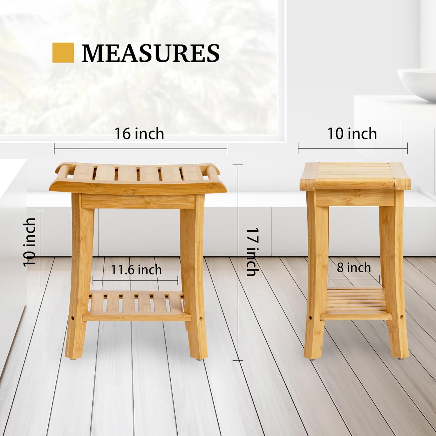 Bamboo Shower Bench Inside Shower Stool with Storage Shelf, Spa Bath Chair for Bathroom, Seat or Organizer for Living