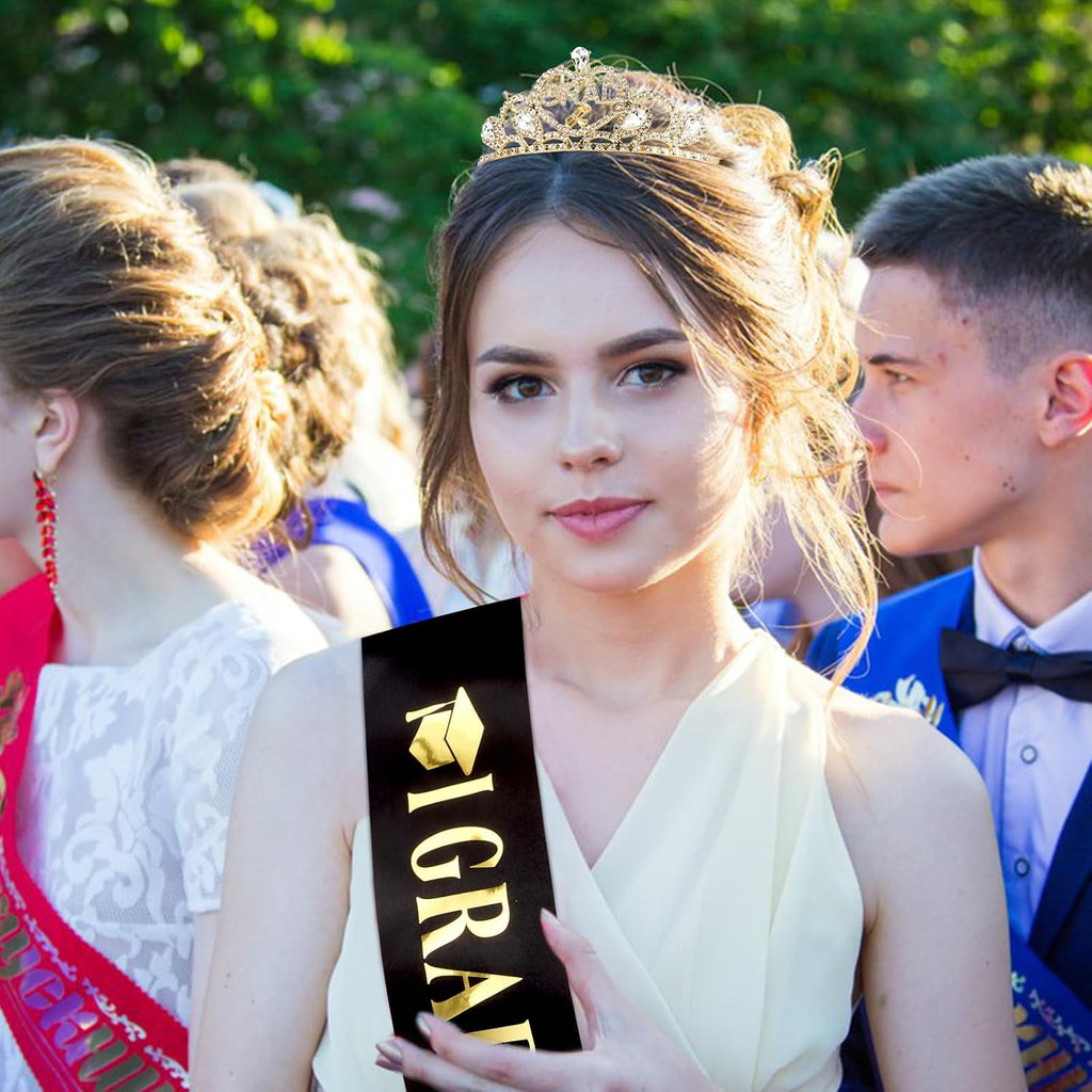Gold GRAD Crown and I GRADUATED Sash Set Gold Graduation Decorations Graduate Tiara and Sash Class Of 2026 Regalia
