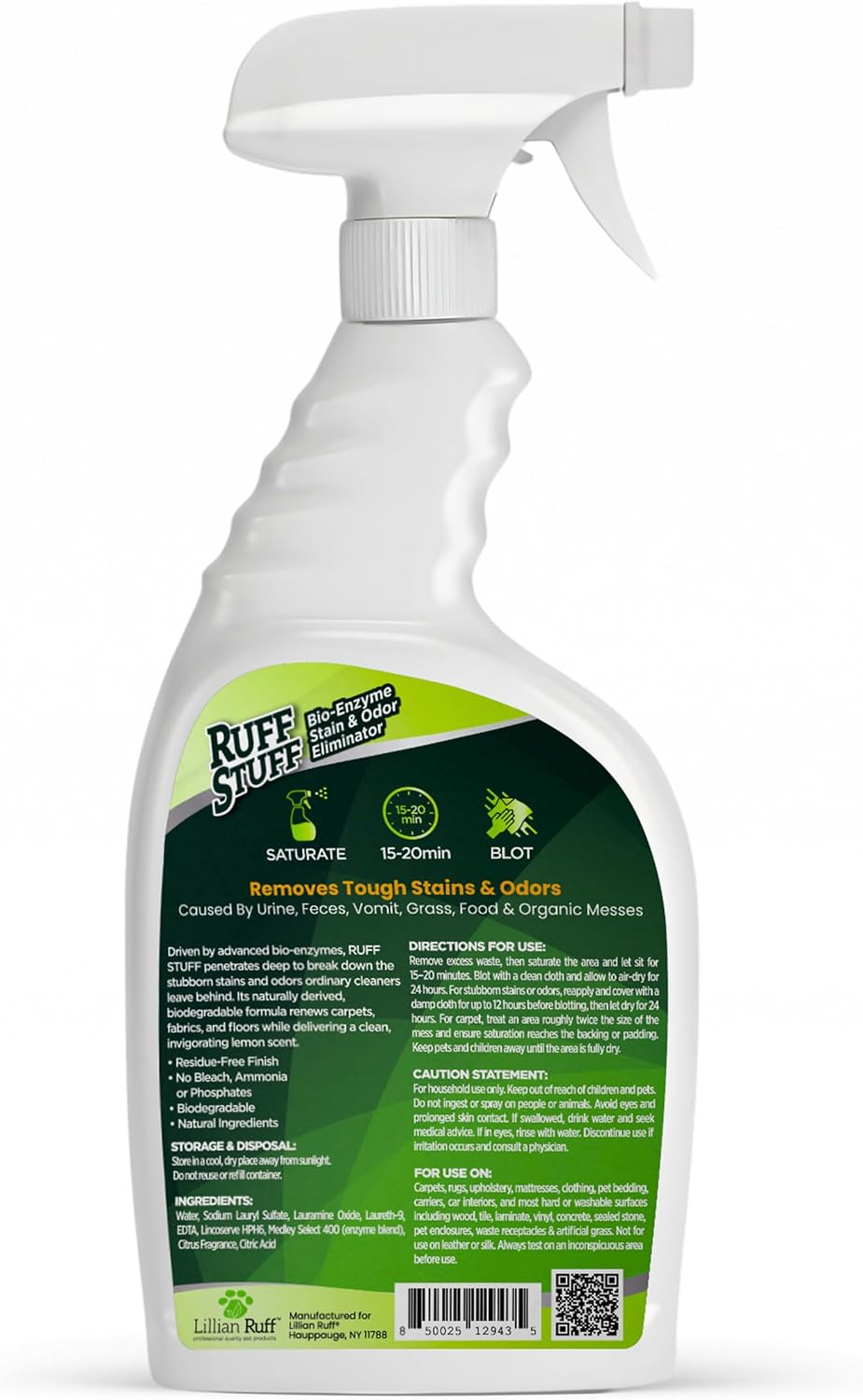 RUFF STUFF Max-Strength Bioenzyme Cleaner, Pet Stain & Odor Eliminator, Laundry Stain Remover Spray for Clothes, Dog
