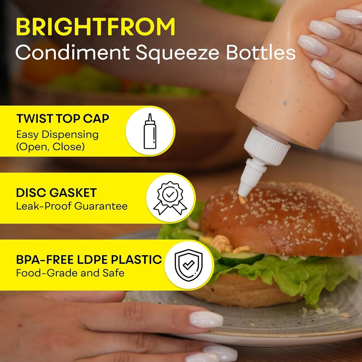 Condiment Squeeze Bottles, 16 OZ Empty Squirt Bottle with Twist Top Cap, Leak Proof - Great for Ketchup, Mustard