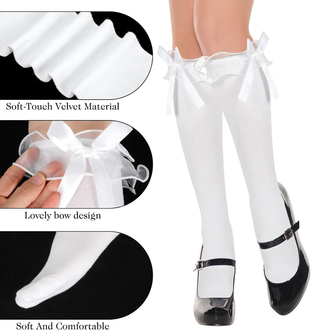 Knee High Socks with Bows, Girls White Knee High Socks for Daily Wear, School Uniforms, Dance & Cosplay