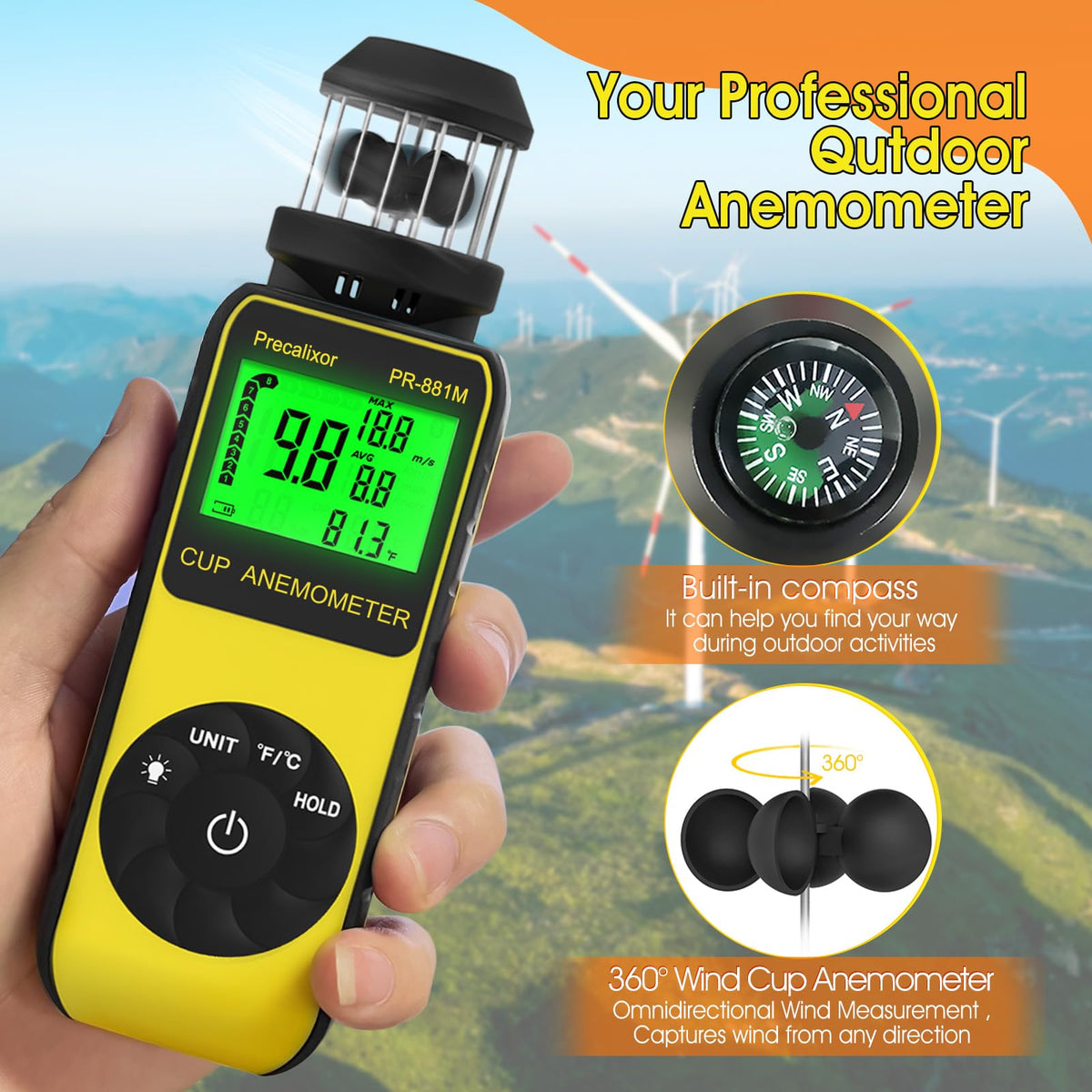 93Mph Wind Cup Anemometer HVAC Handheld Wind Speed Meter Air Flow Meter