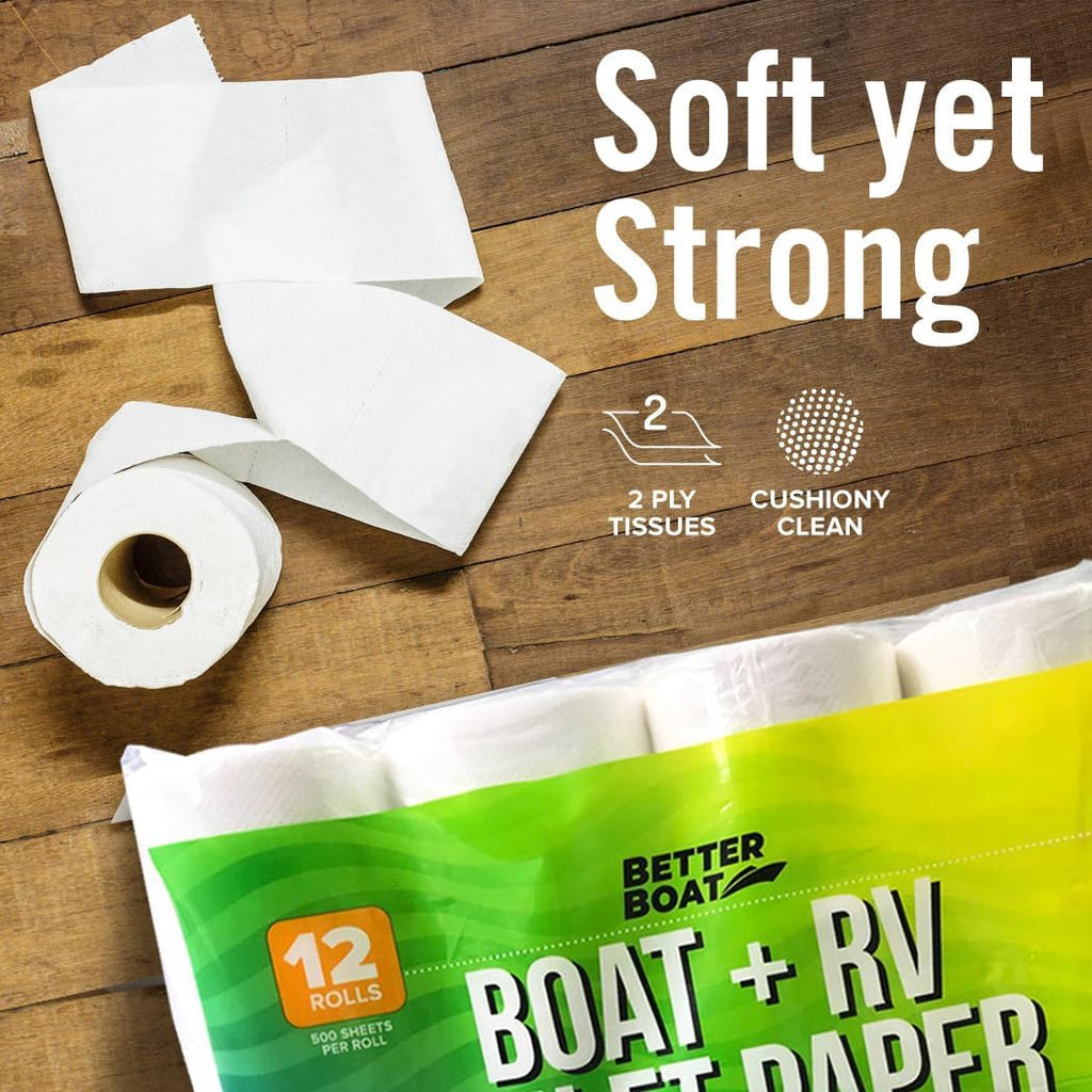 RV Toilet Paper 12 Rolls (500 Sheets Each), Rapid Dissolving 2-Ply