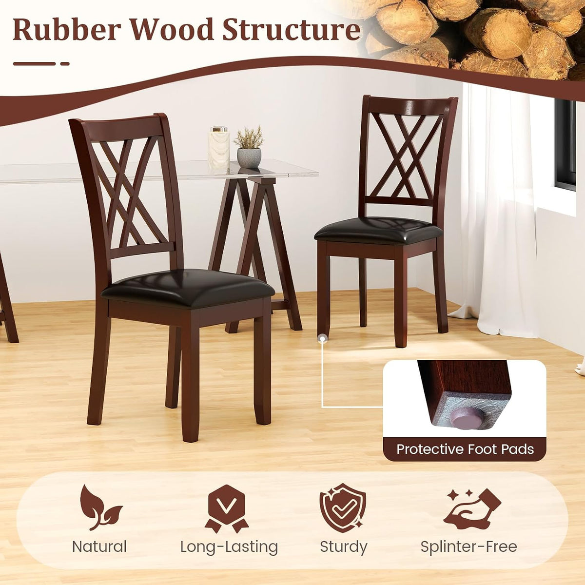 Wooden Dining Chairs Set of 2 with PU Leather Padded Seat, Walnut