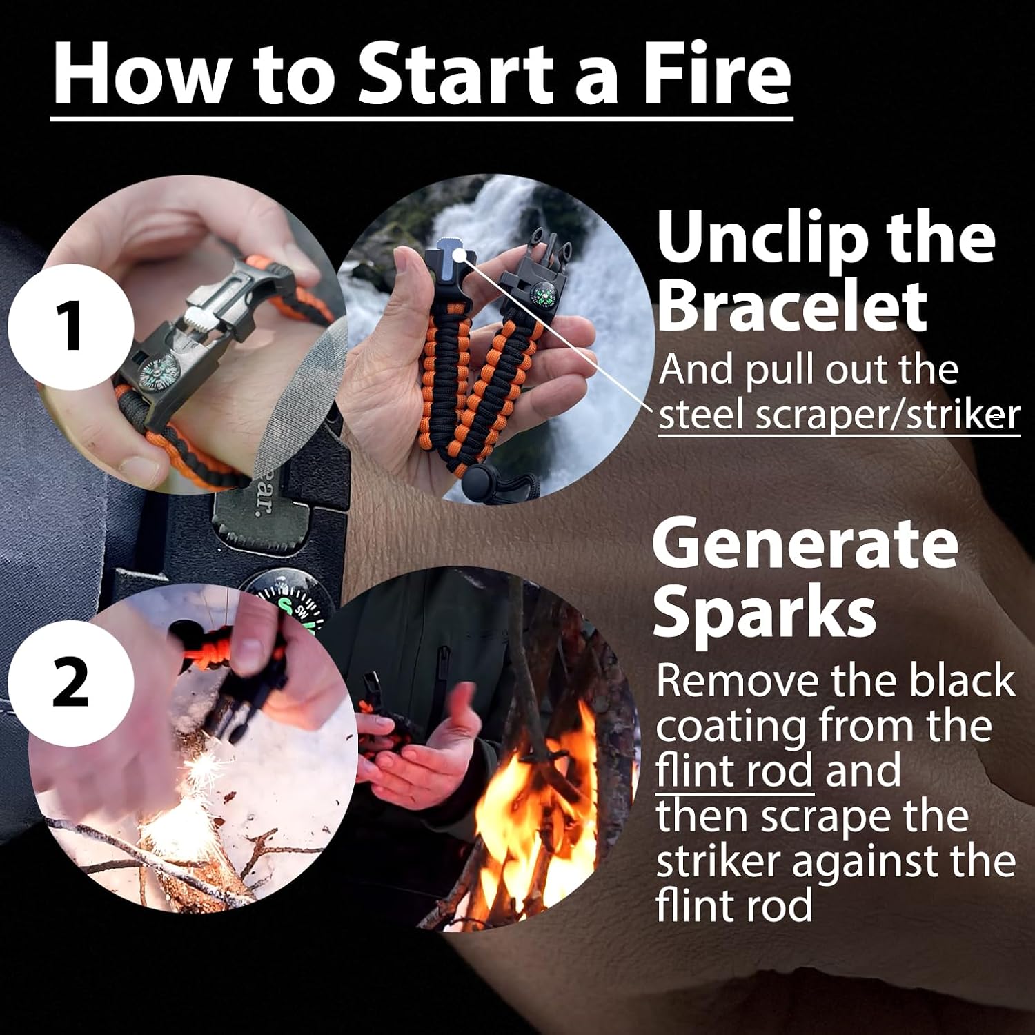 Paracord Survival Bracelet (2 Pack) Fire Starter, Whistle, Compass | 5-in-1 emergency kit, scouts gift set