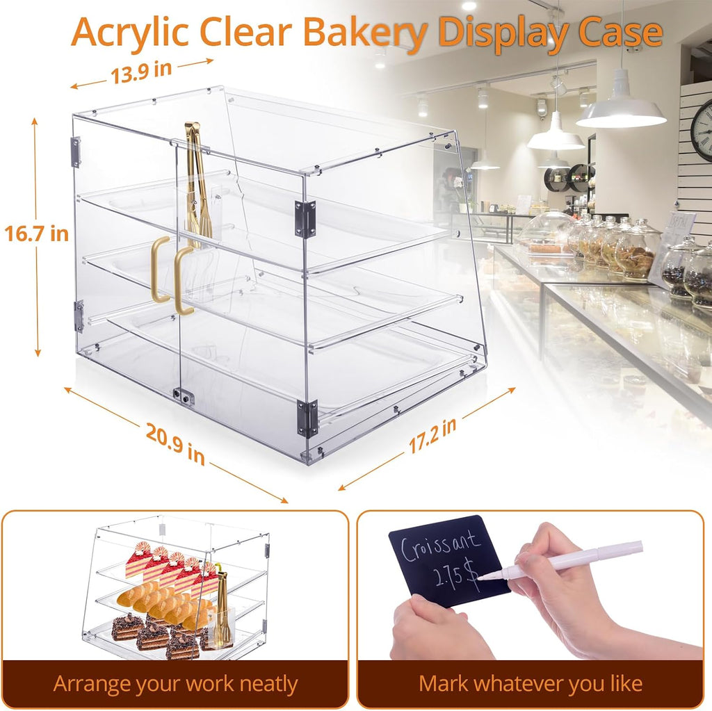 Pastry Display Case 3 Tray, Acrylic Bakery Display Countertop - Detachable Tray, Transparent Clear Sturdy Versatile
