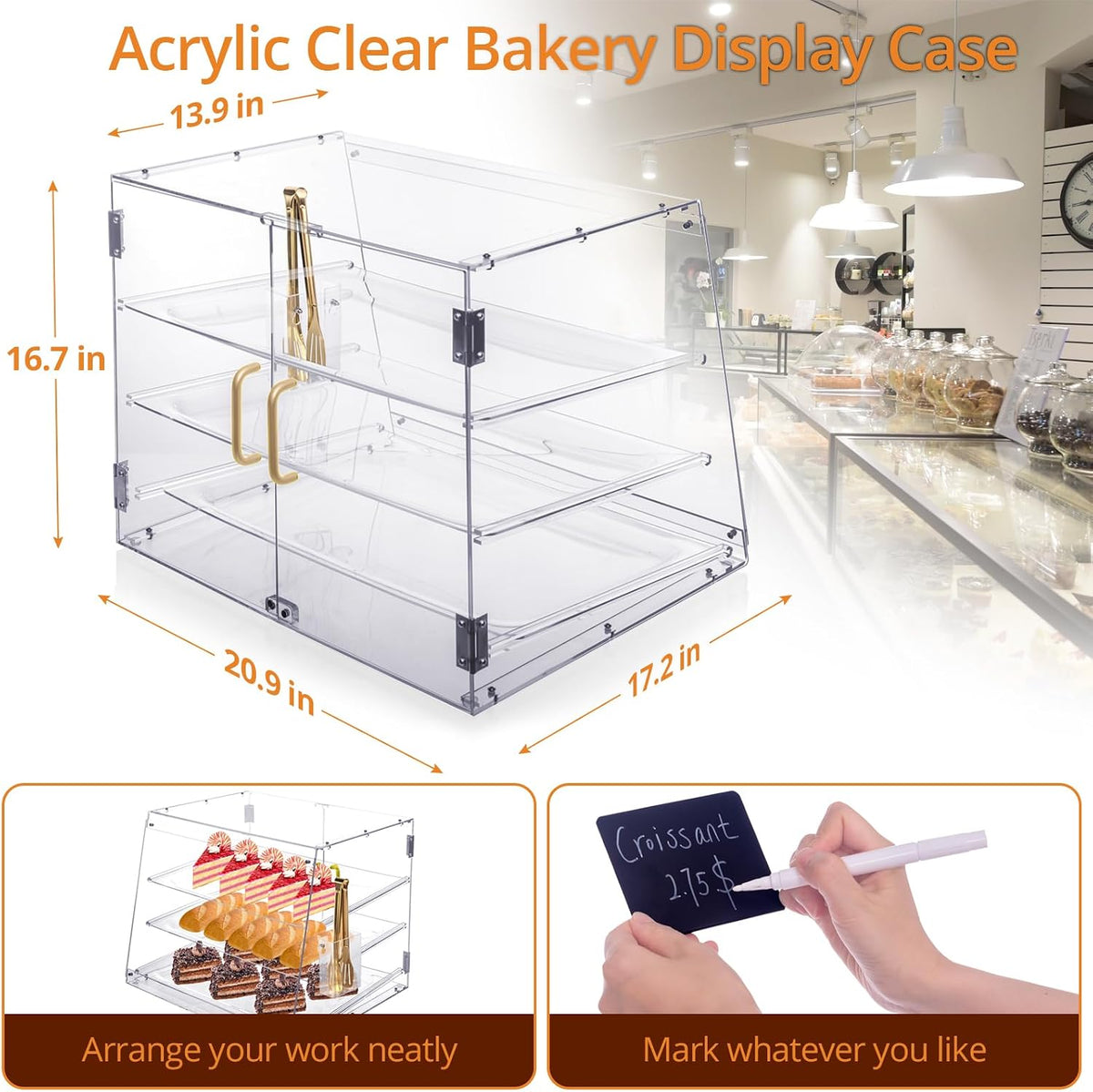 Pastry Display Case 3 Tray, Acrylic Bakery Display Countertop - Detachable Tray, Transparent Clear Sturdy Versatile