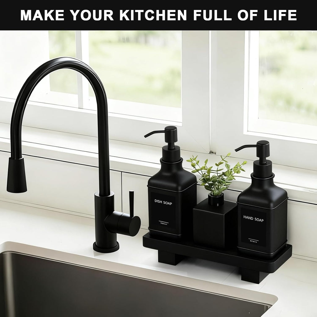 Modern Kitchen Soap Dispenser Set with Wood Tray, Black Glass Soap Dispenser with Pump, Decorative Hand and Dish Soap
