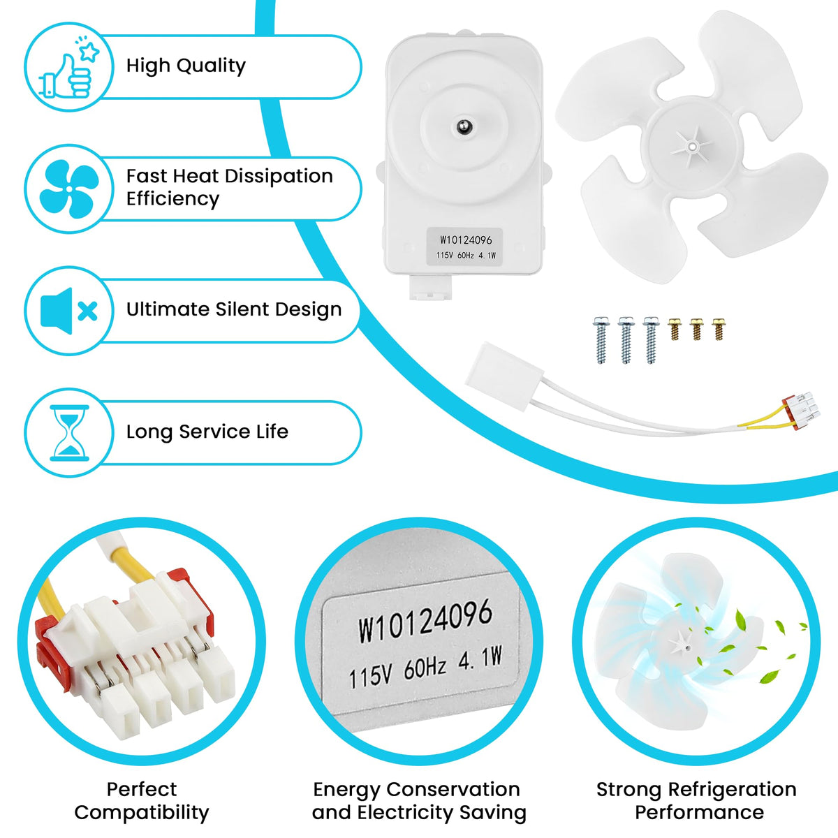 W10124096 Refrigerator Condenser Fan Motor Kit, Motor Blade and Screws