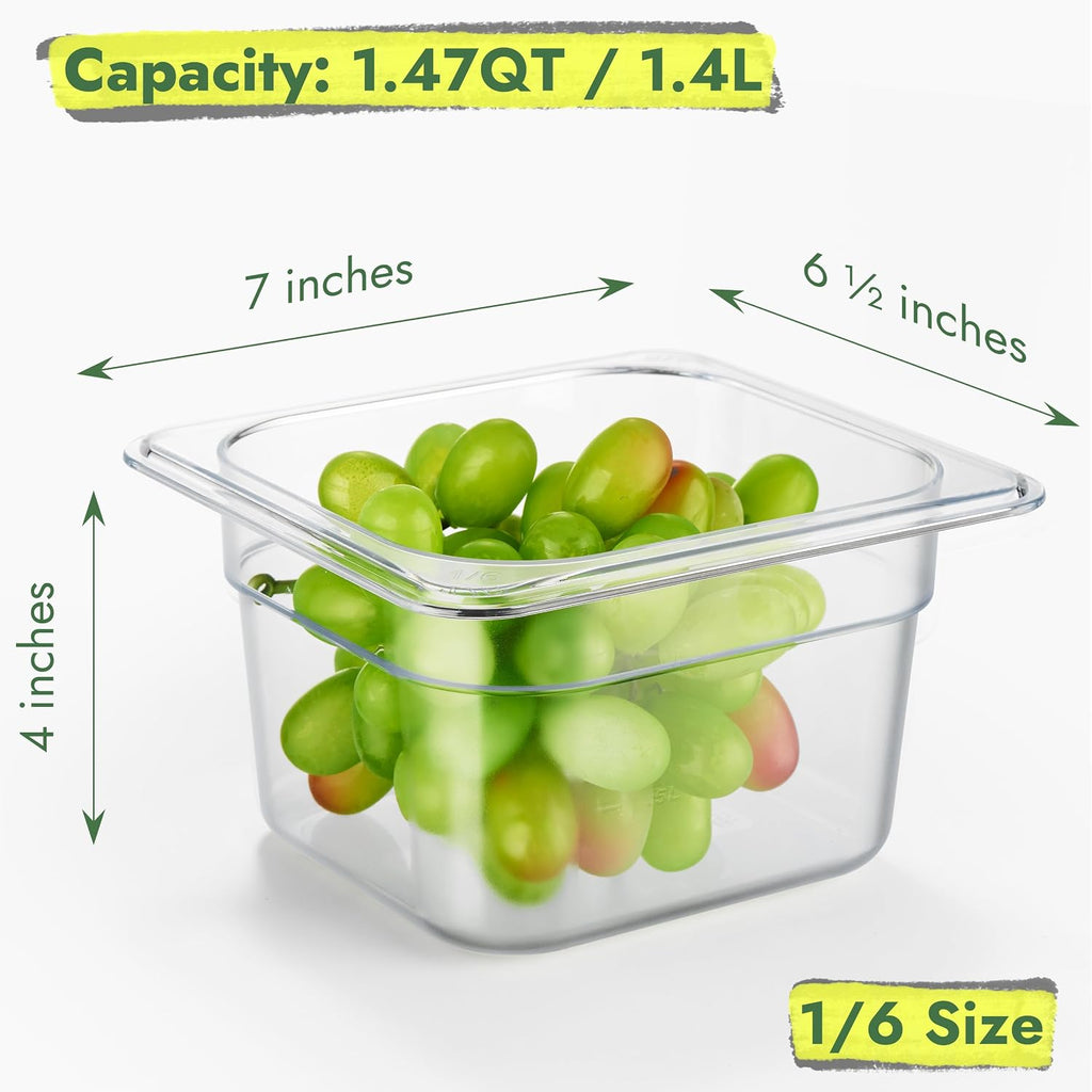 6-Pack 1/6 Size 4" Deep NSF Polycarbonate Food Pans | Dishwasher & Freezer Safe Clear Container for Prep Tables