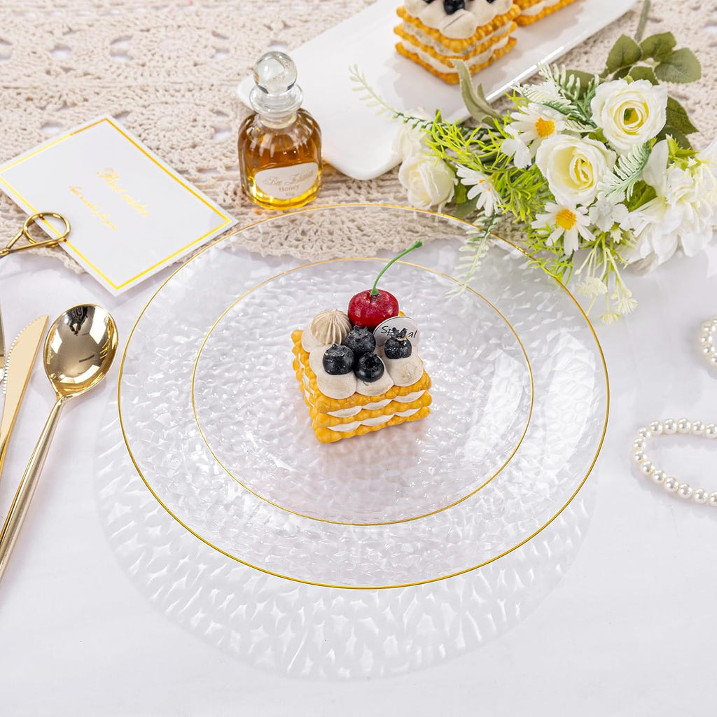 100Pcs Clear Gold Plastic Plates, Disposable Plates With Gold Rim, Heavy-duty Party Platos, Hammered Plastic Plates