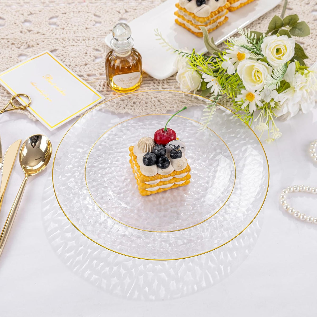 100Pcs Clear Gold Plastic Plates, Disposable Plates With Gold Rim, Heavy-duty Party Platos, Hammered Plastic Plates